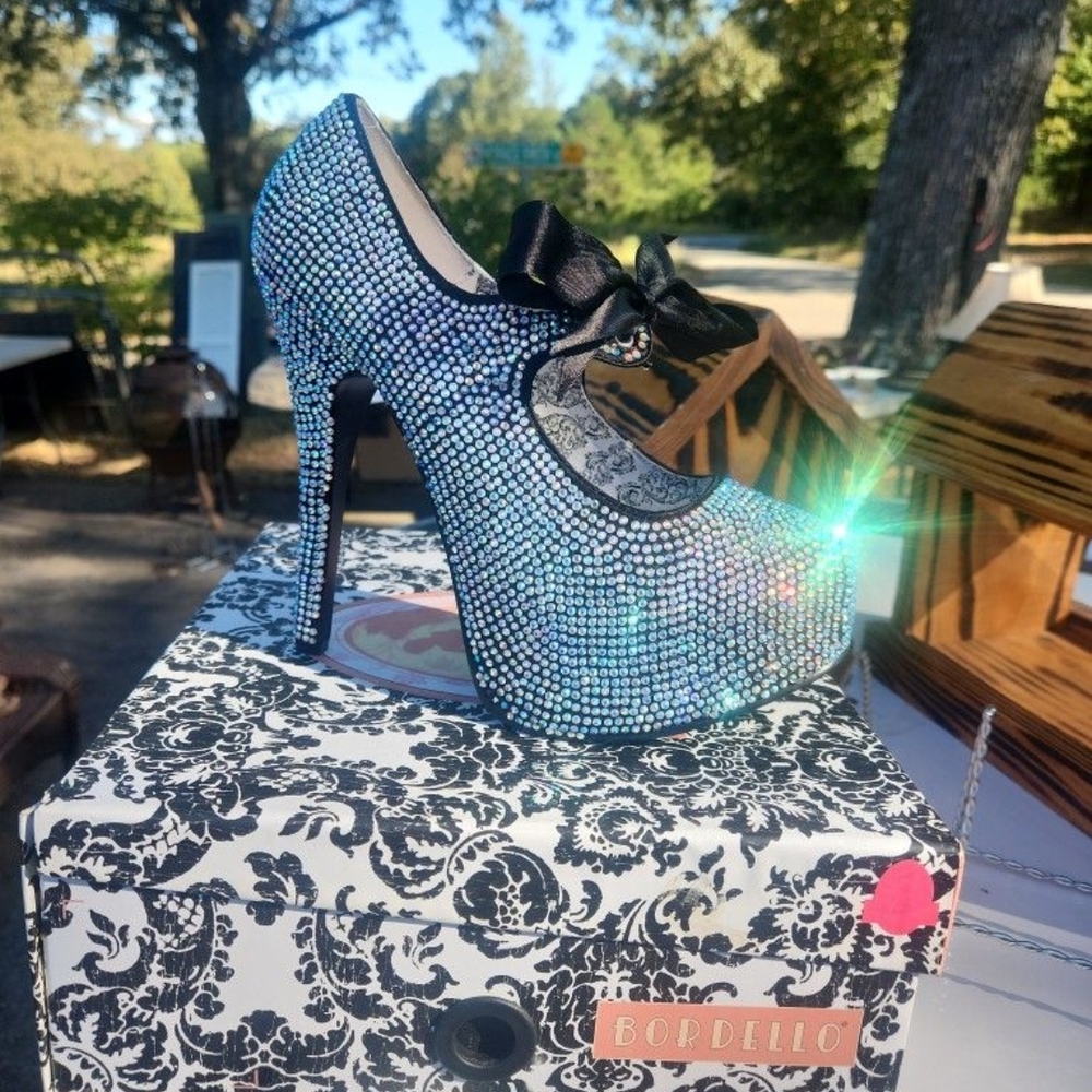 Bordello Blue Heels with Glittery Finish and Peep-Toe Design